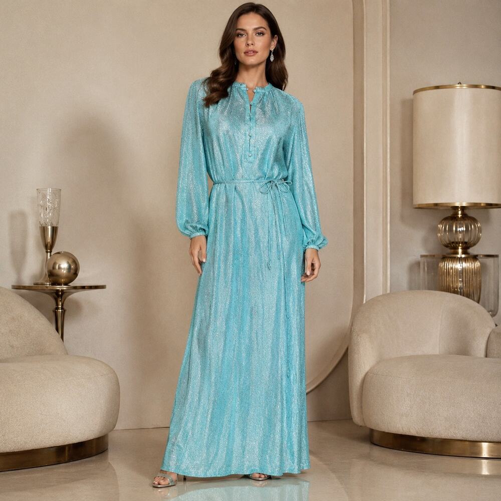 Vintage 60s Eleanore Hadley Aqua Silver Lurex Maxi Dess Size S Metallic Fairy